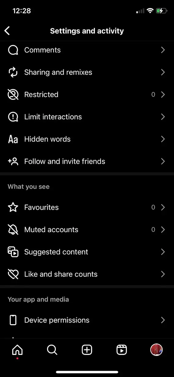 Screenshot showing step 1 for enabling sensitive content controls on the iPhone Instagram app