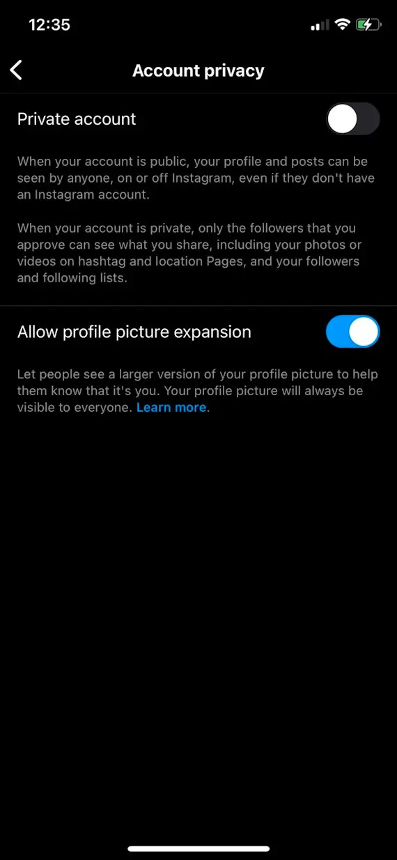 Screenshot showing step 2 for making your Instagram account private on the iPhone Instagram app