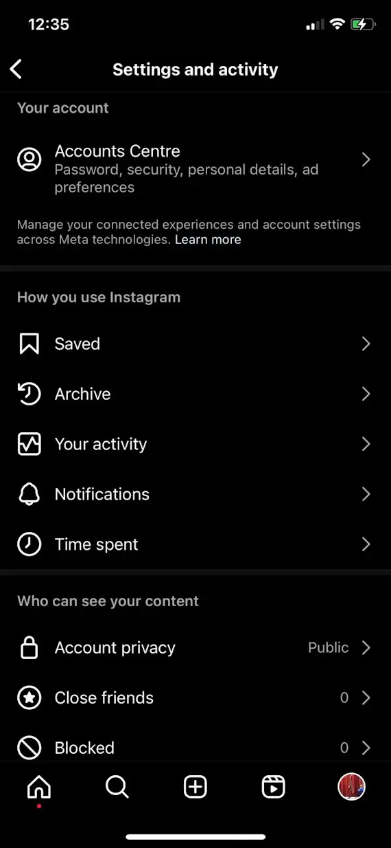 Screenshot showing step 1 for making your Instagram account private on the iPhone Instagram app