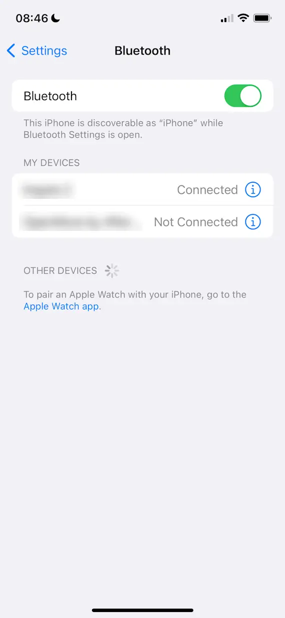 iPhone screenshot showing the Bluetooth settings page with Bluetooth enabled.
