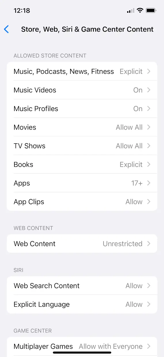A screenshot of iPhone Settings showing how to change web content restrictions (Step 1).