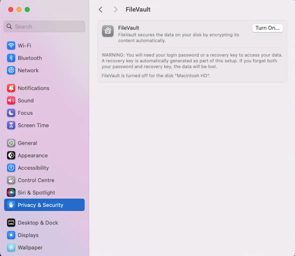 A screenshot showing FileVault settings in Mac OS X.