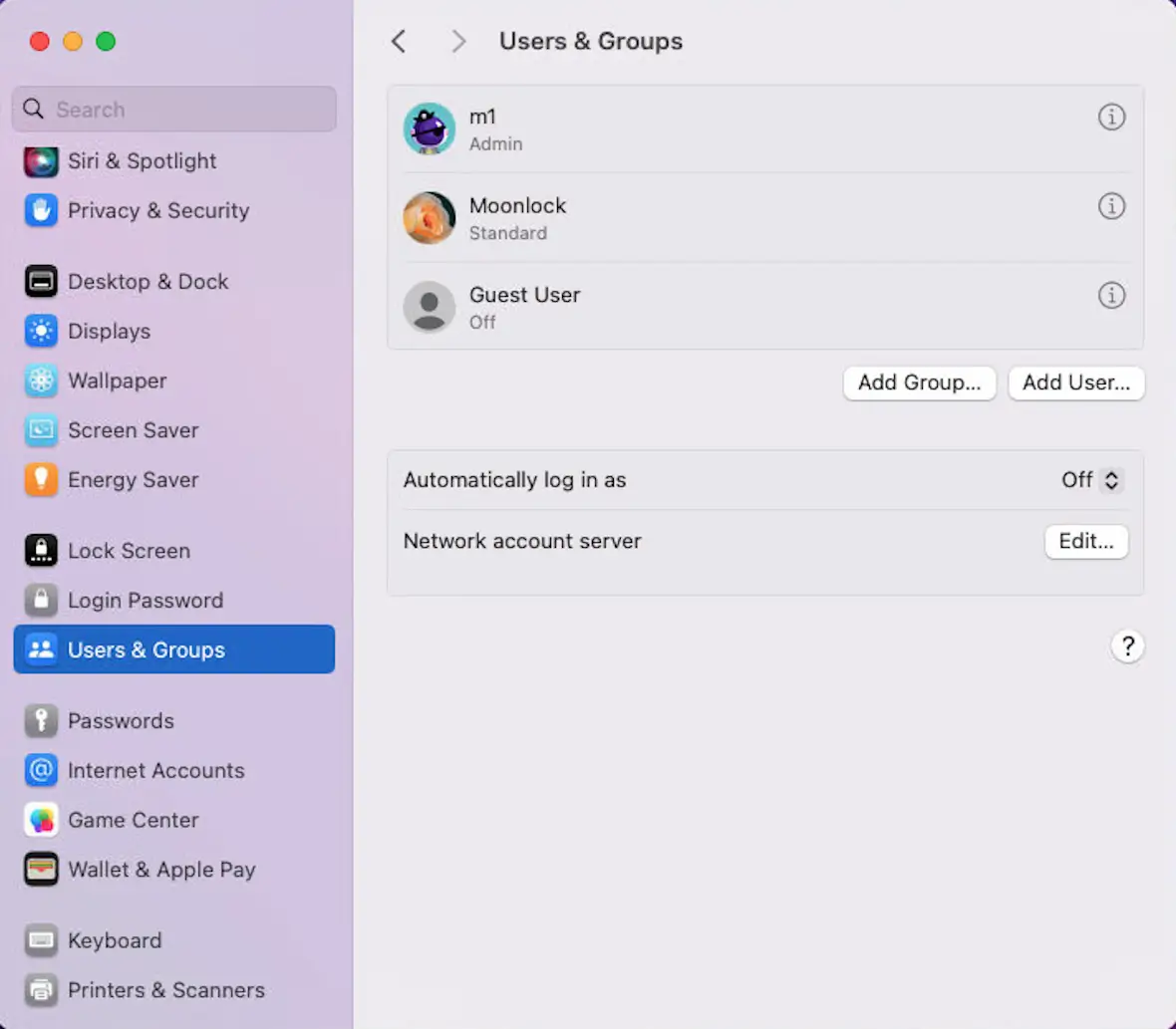A screenshot of Mac OS X Privacy and Security settings page showing Users and Groups. User accounts are listed showing whether they are standard or administrator users.