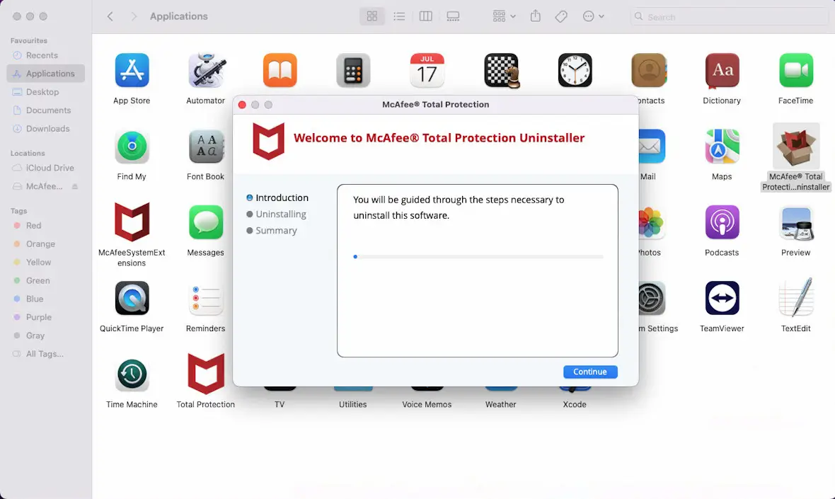 Screenshot of a Mac running the McAfee Uninstaller app.