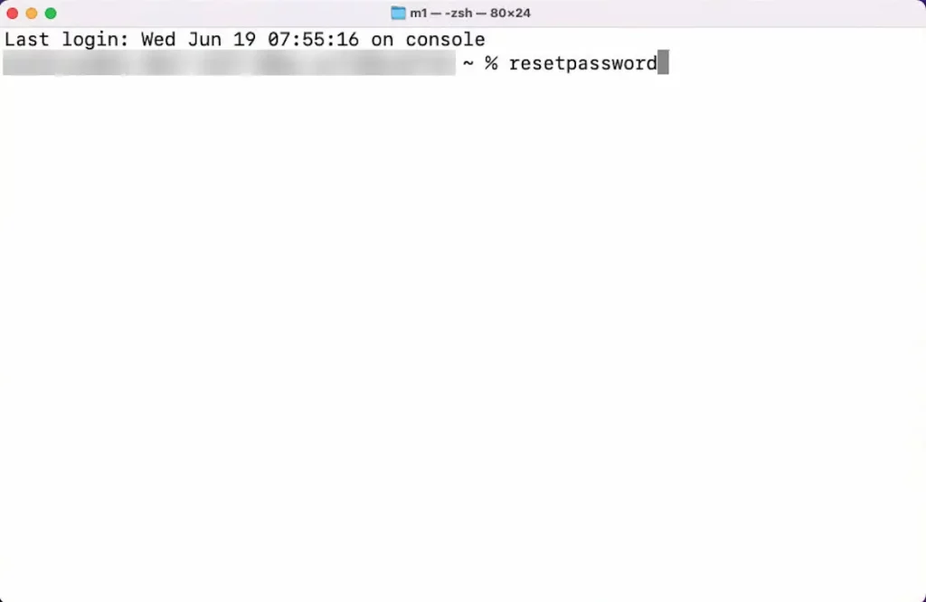 A screenshot of the reset password command typed into MacBook Terminal.