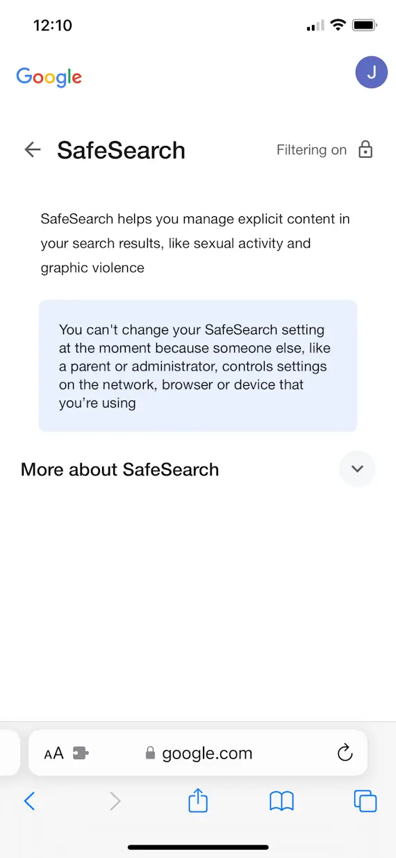 iPhone screenshot showing the inability to change SafeSearch settings due to another administrator managing the account (Step 2).