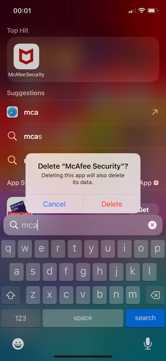 Screenshot of iPhone in the process of deleting McAfee Security app, Step 2.