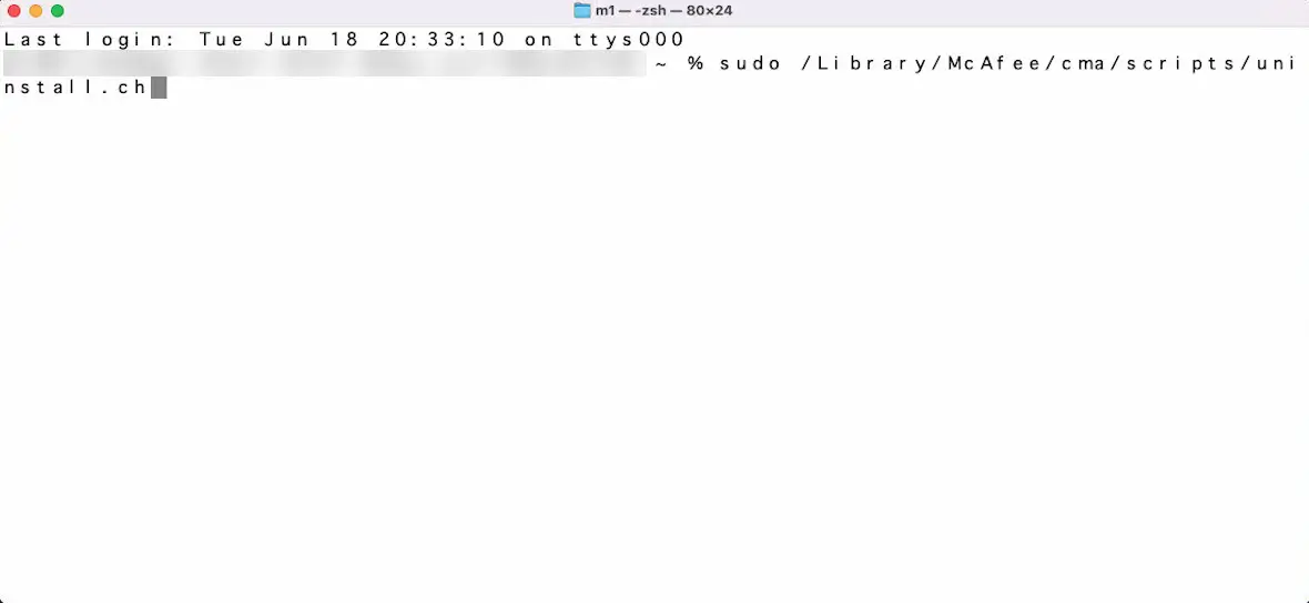 macOS terminal showing a typed command to uninstall McAfee antivirus.