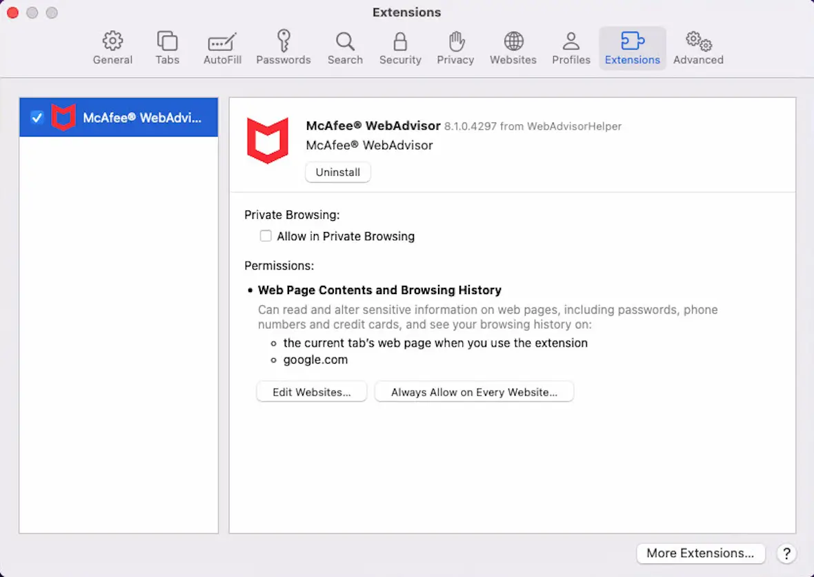 Safari extensions settings showing the option to uninstall McAfee Web Advisor