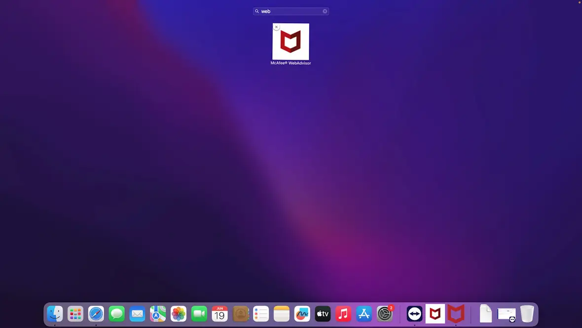 Mac screenshot showing launchpad method for uninstalling McAfee Web Advisor.