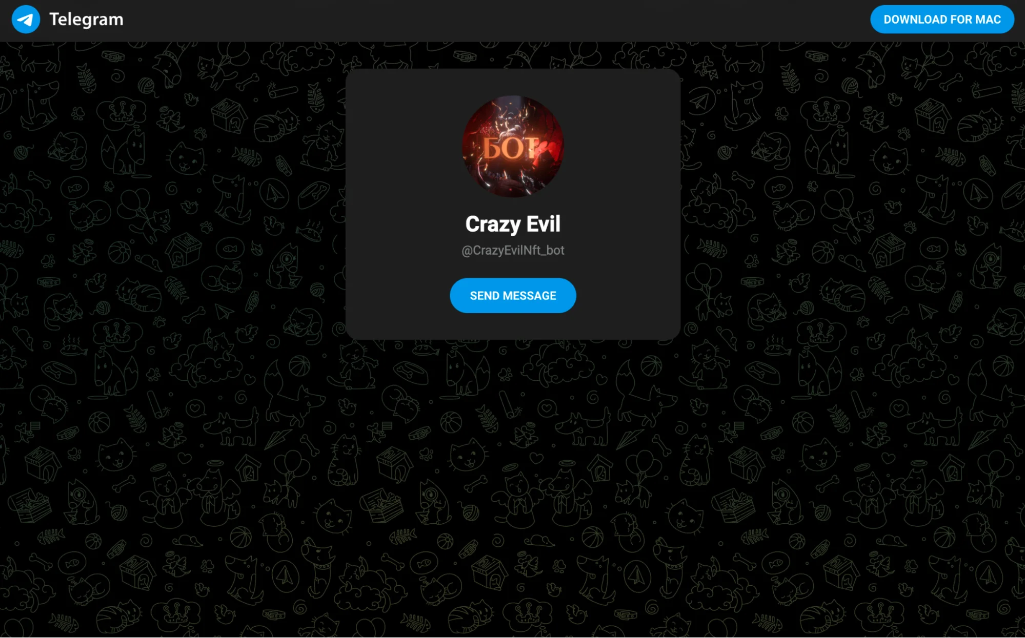 A screenshot of the profile page for known threat actor group Crazy Evil on Telegram.