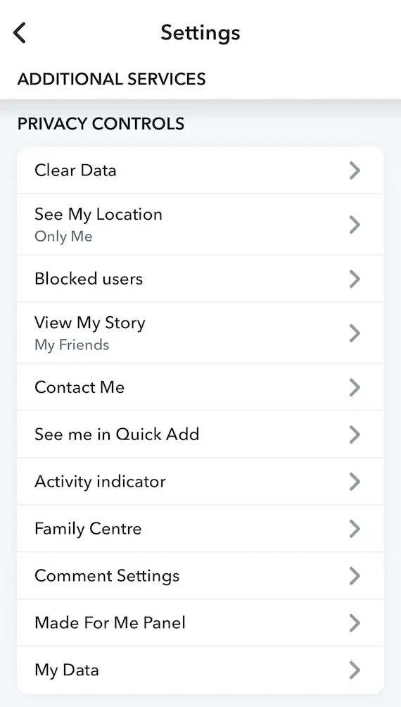 Snapchat privacy settings screenshot
