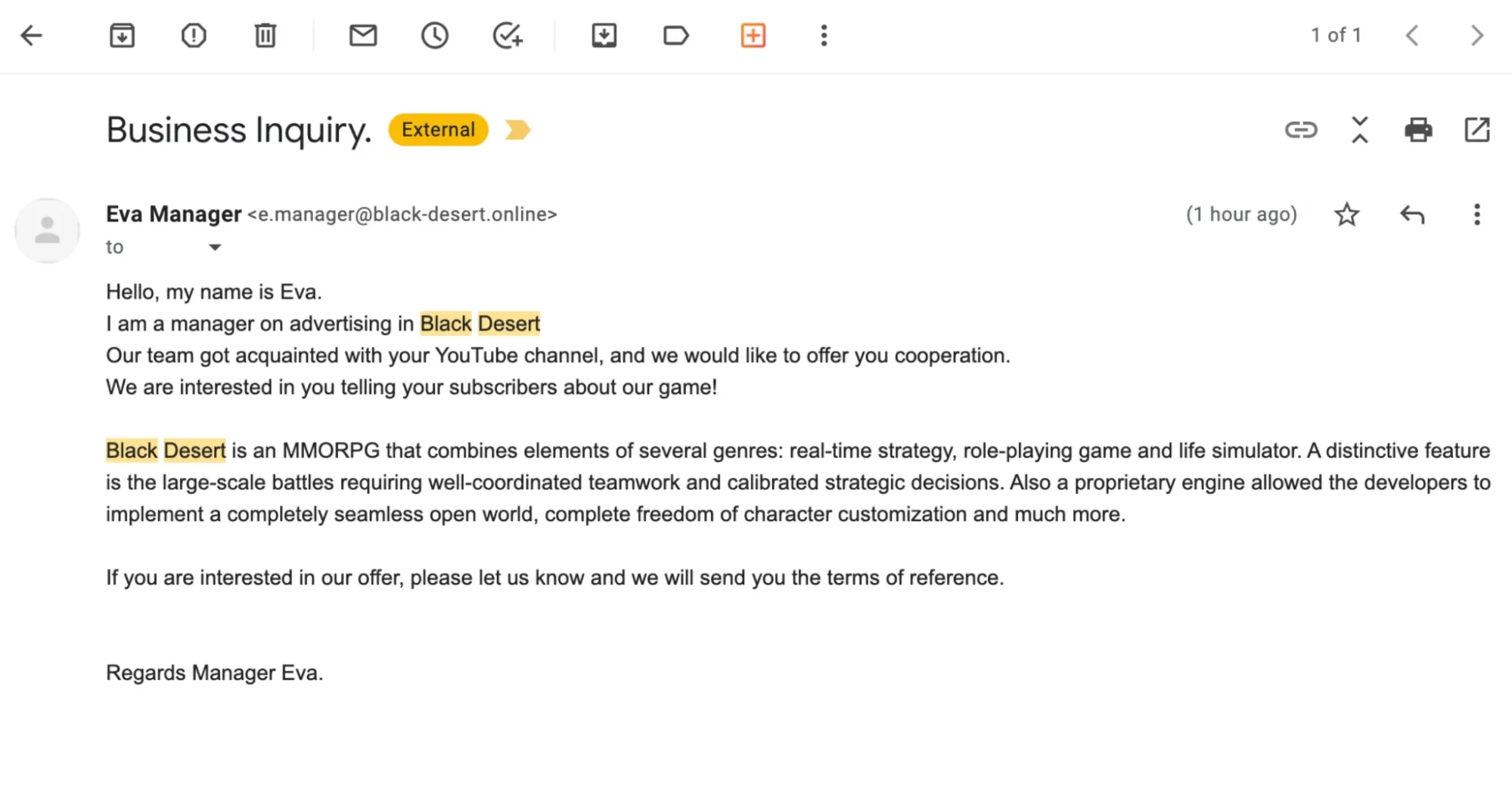 A screenshot of an email claiming to be related to advertising in Black Desert, associated with a scam targeting content creators in the gaming space.