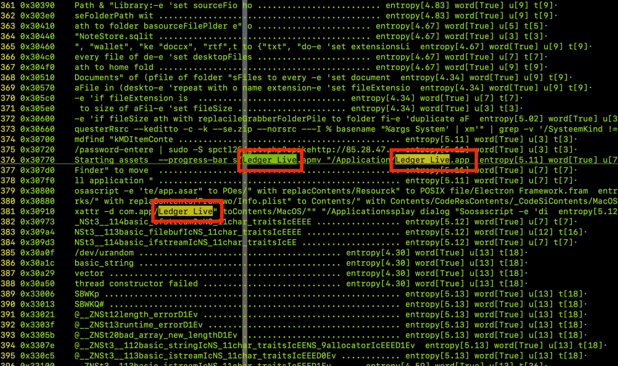 A screenshot showing strings containing "Ledger" in the infected files examined by Moonlock Lab.