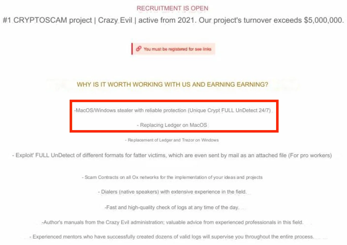 A screenshot of the recruitment post “CRYPTOSCAM project” linked to the threat actor group Crazy Evil, translated to English.