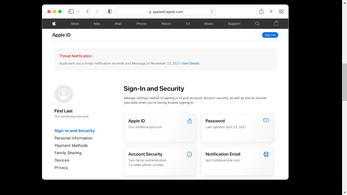 A screenshot of Apple support showing the Threat Notification warning at the top of the Apple ID page.