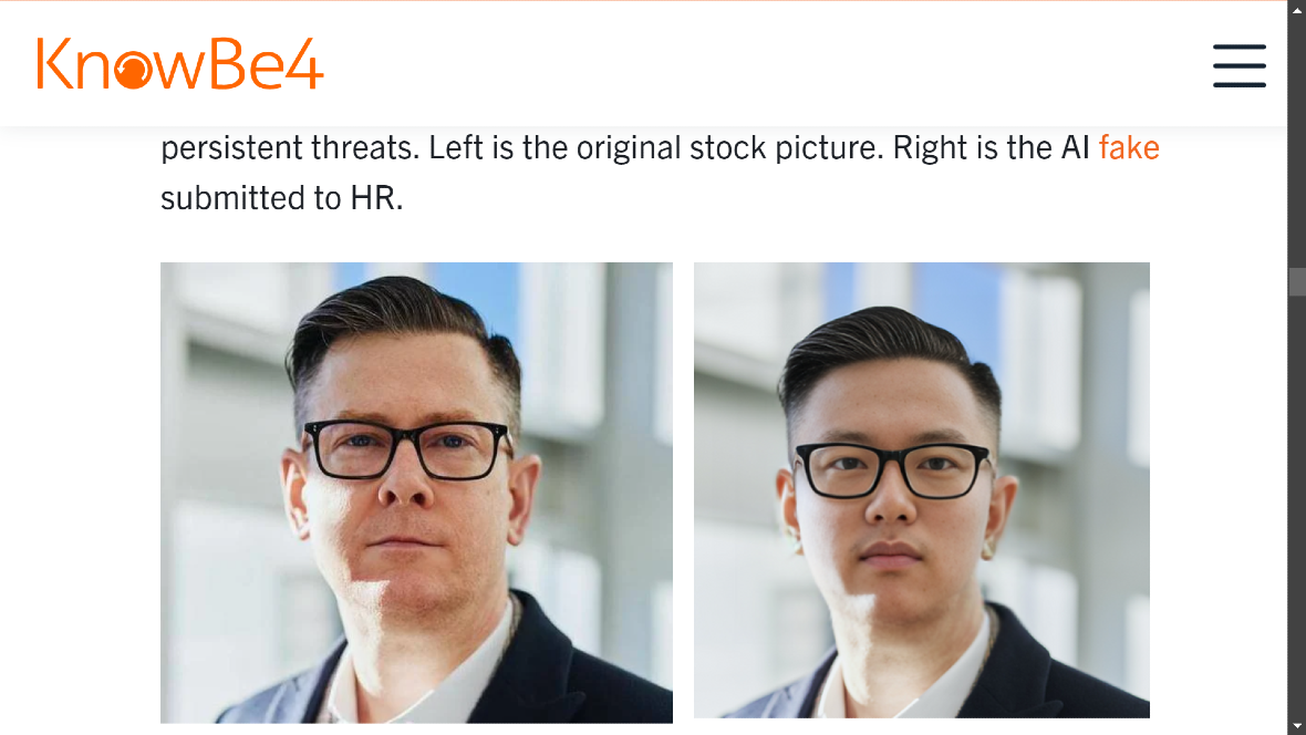 A comparison of the stock image and the AI-deepfake modification the North Korean bad actor filed to HR.