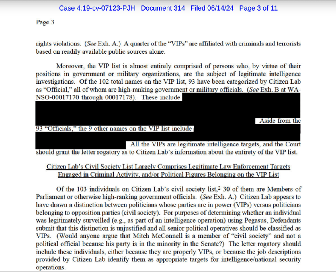 An image of the recent NSO Group court filing, in which the company says "VIPs" are valid targets for espionage.