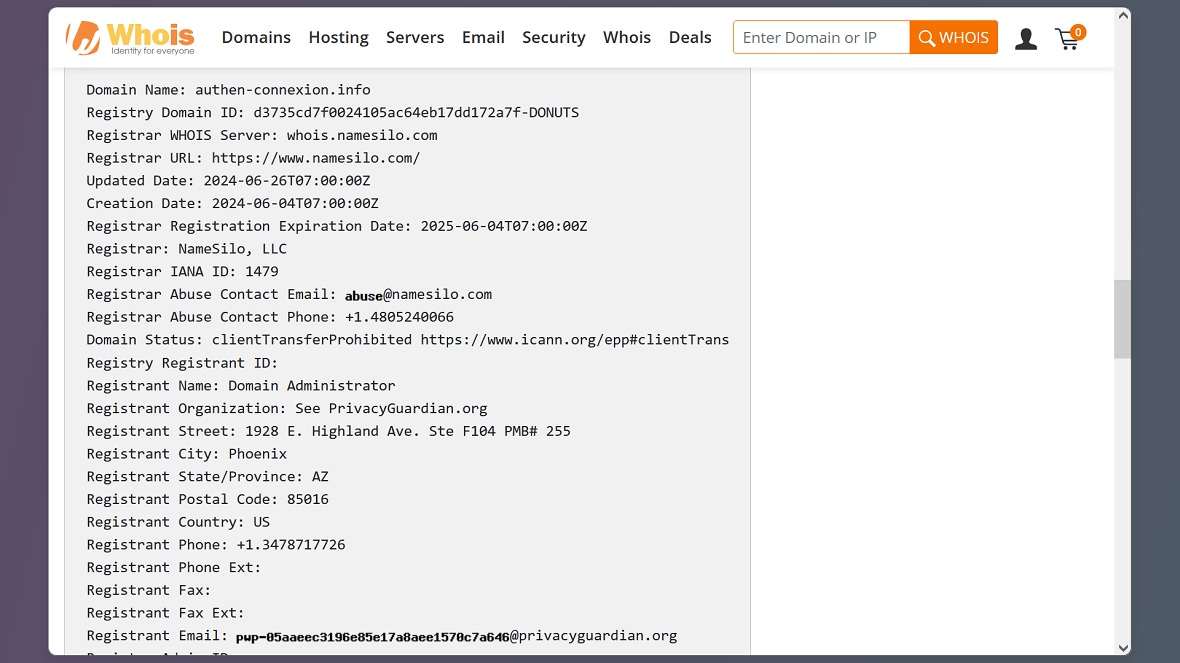 Image of WHOIS raw data detailing domain and registrant information for the malicious Apple ID SMS campaign.