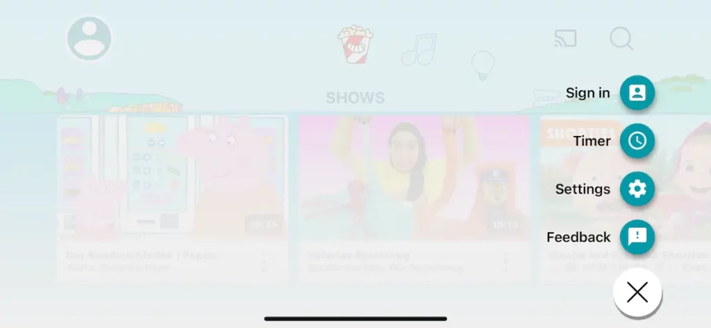 YouTube Kids app menu overlay with options