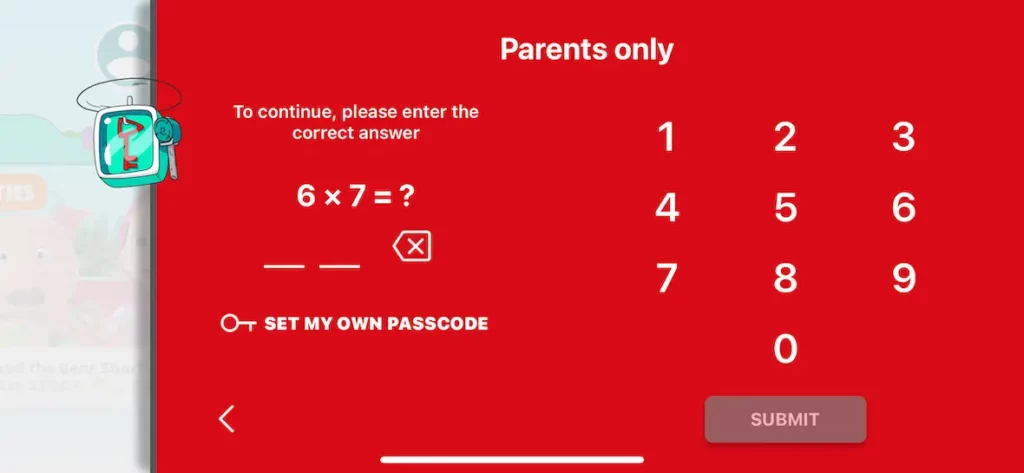 YouTube Kids parental control math question screen