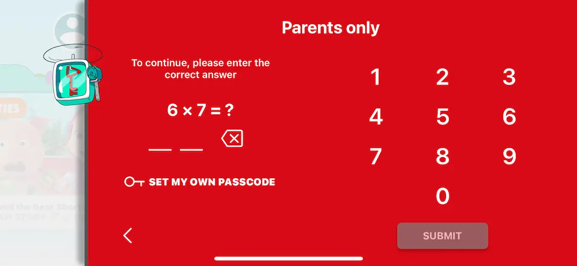YouTube Kids parental control math question screen