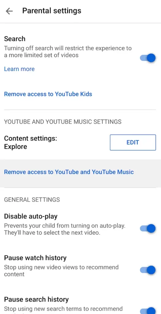 YouTube Kids parental settings menu