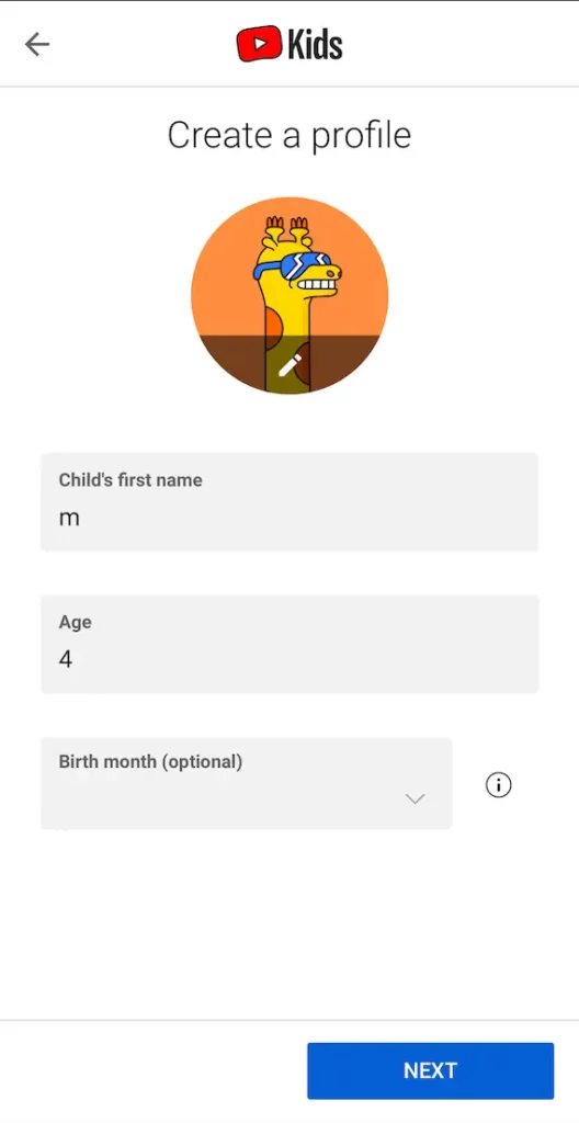 YouTube Kids profile creation page