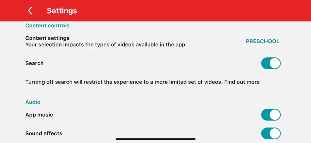 YouTube Kids settings page showing content controls