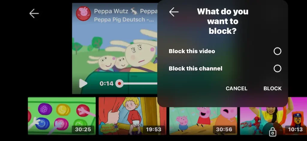 YouTube Kids video player with block options