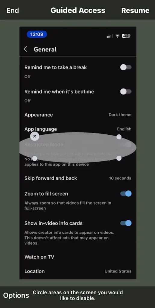 YouTube app settings with Guided Access overlay