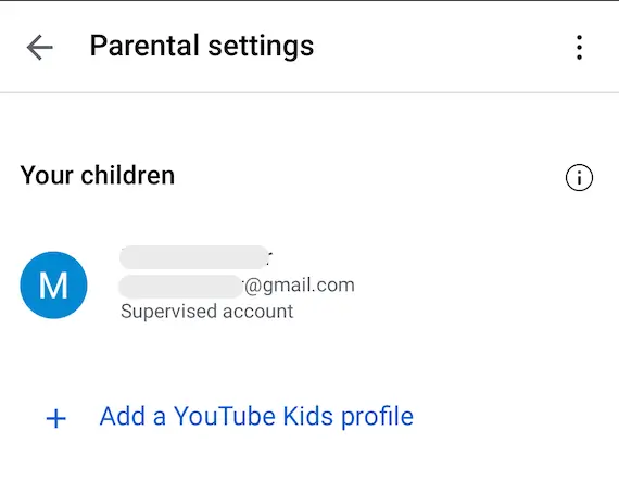 YouTube parental settings page showing supervised account.