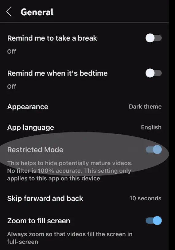 YouTube app general settings with Restricted Mode highlighted