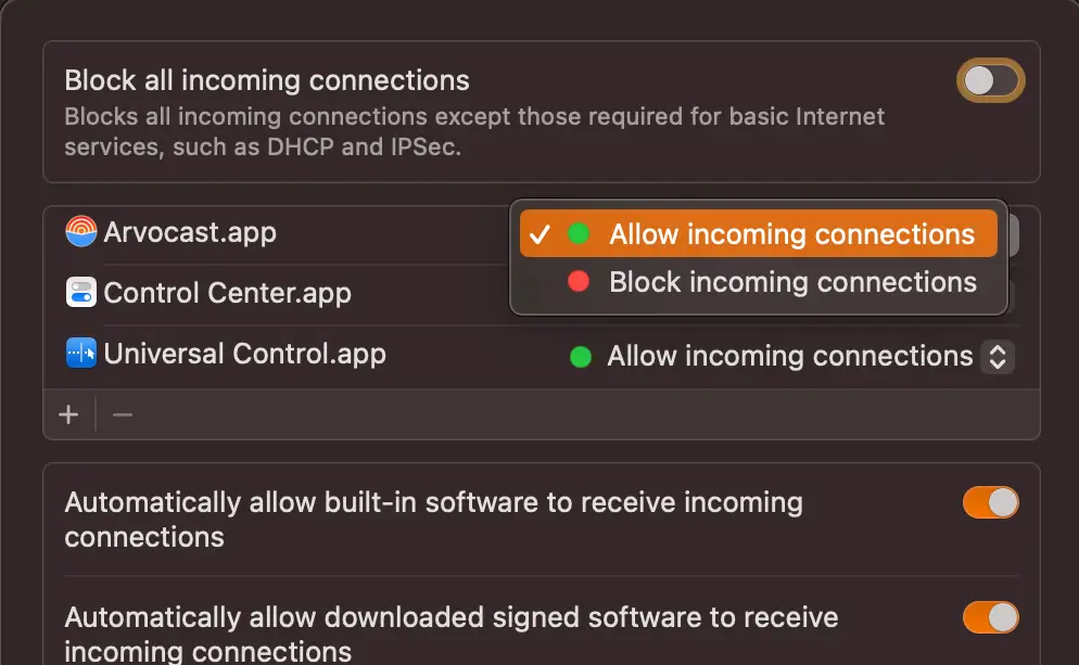 A screenshot of the Mac Firewall setting to allow incoming connections or block incoming connections.