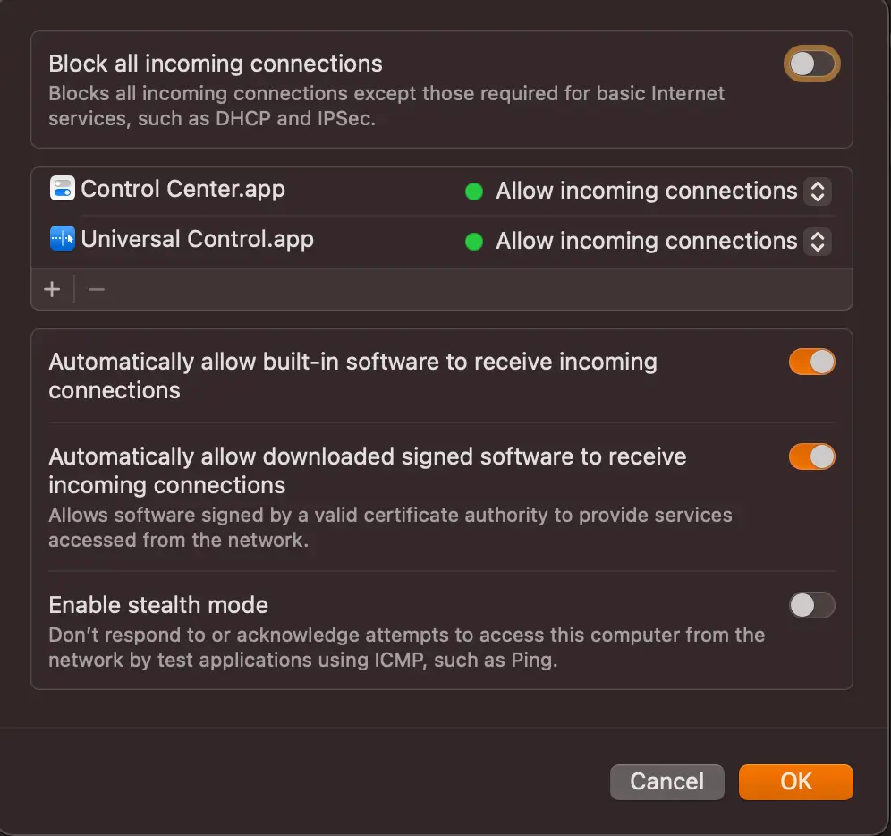 A screenshot of Mac firewall settings showing how to add exceptions.