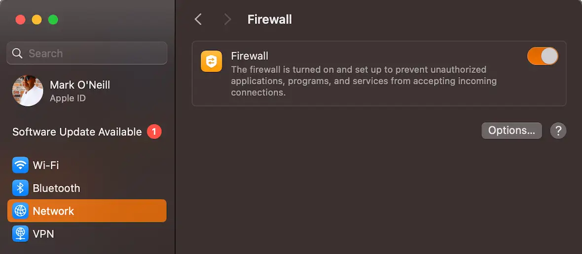 A screenshot of Mac system settings with the firewall toggled on.