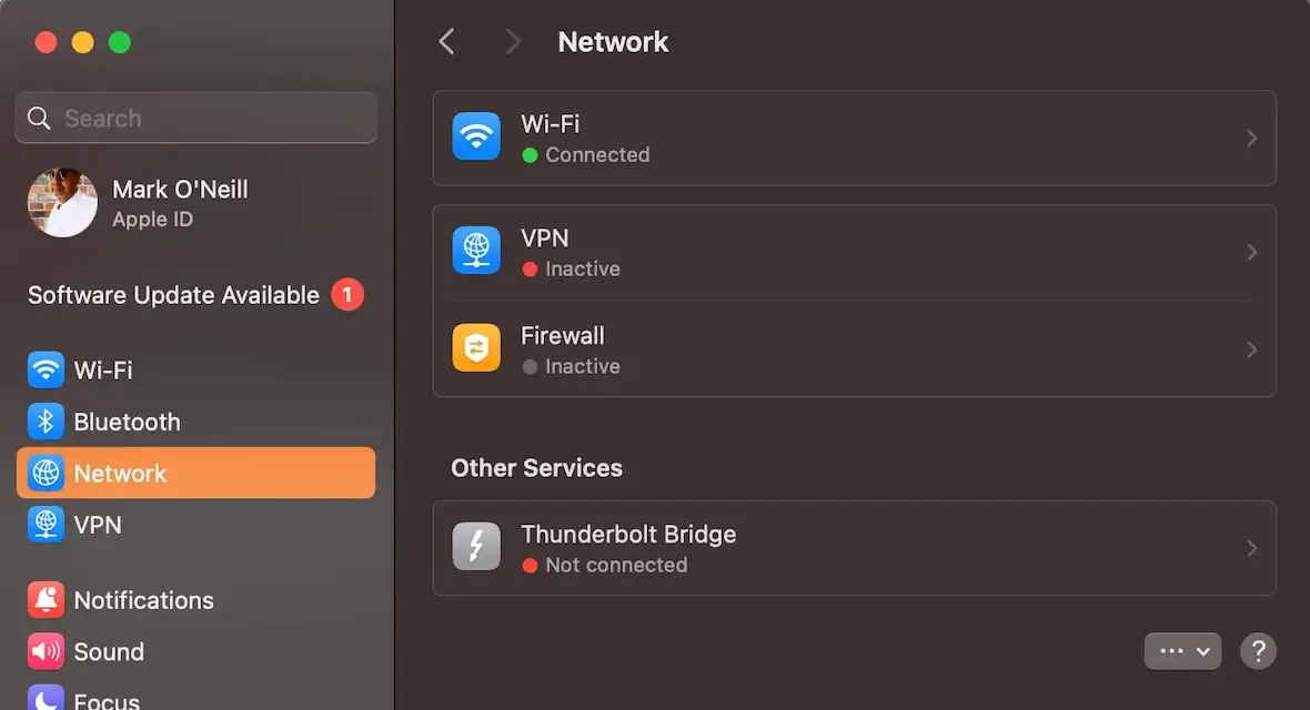 A screenshot of the Mac system settings network section.