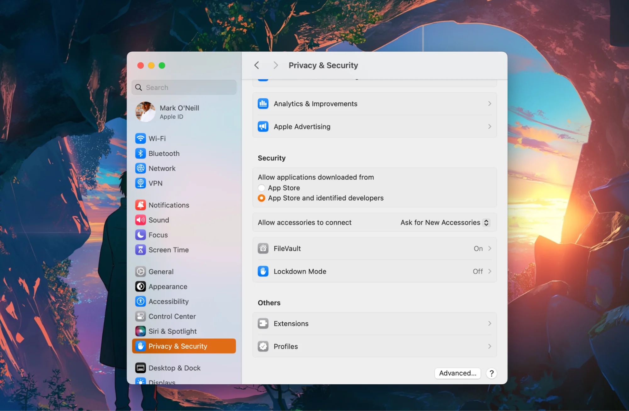 A screenshot showing the Privacy & Security settings on a Mac.