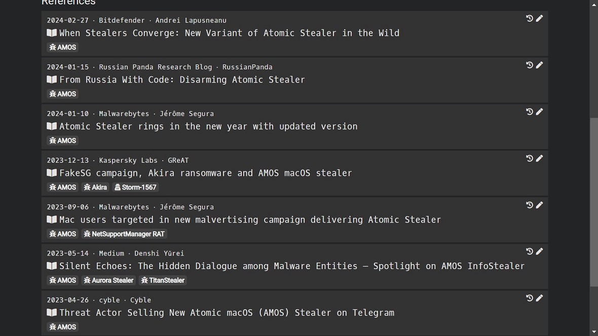 An image showing different AMOS attacks listed on Malopedia.