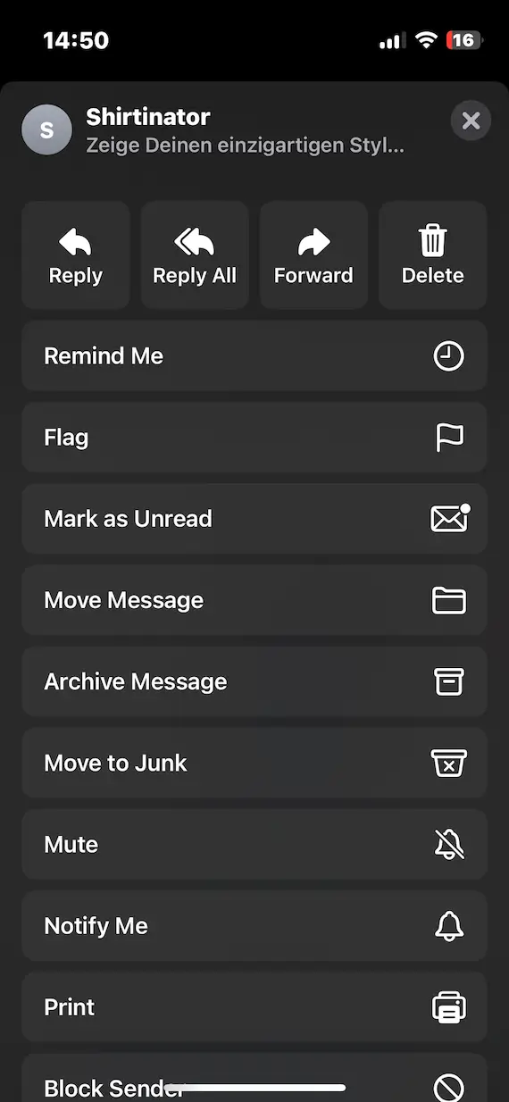 A screenshot of the options in Apple Mail, including Move to Junk.