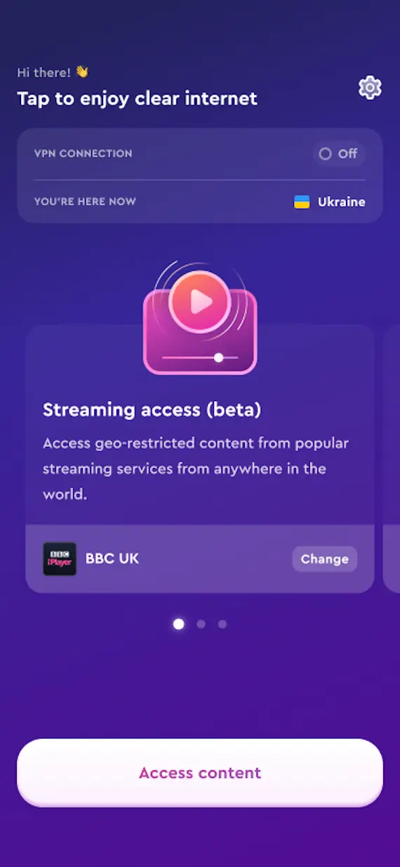 A screenshot of the Streaming access (beta) feature on ClearVPN.