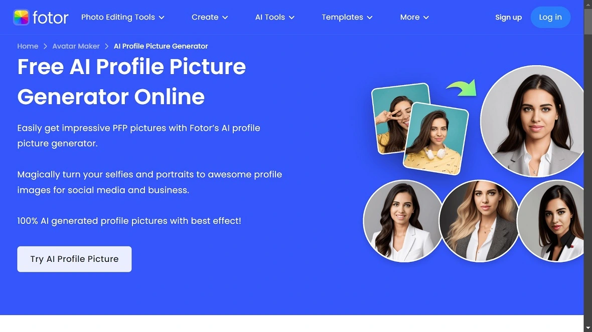 A screenshot of Fotor, one of the most popular websites used to create AI profile pictures.