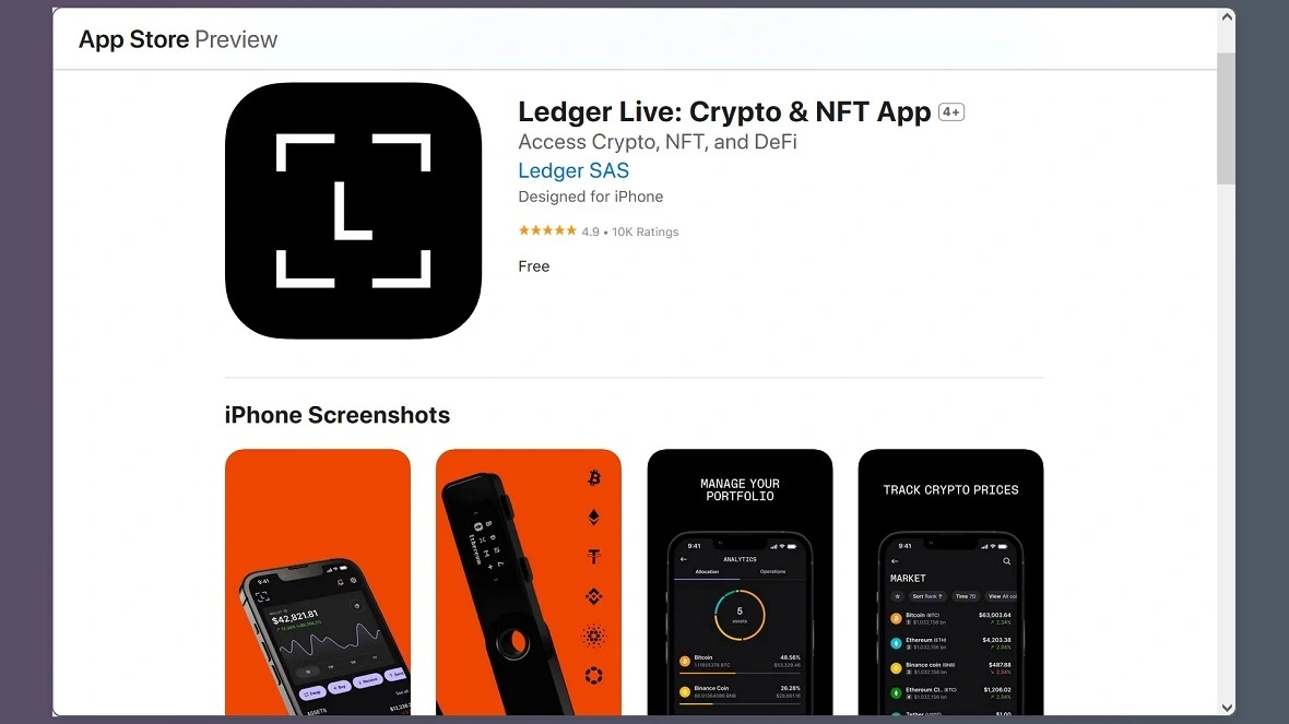 A screenshot of the Ledger Live app on the Apple App Store.