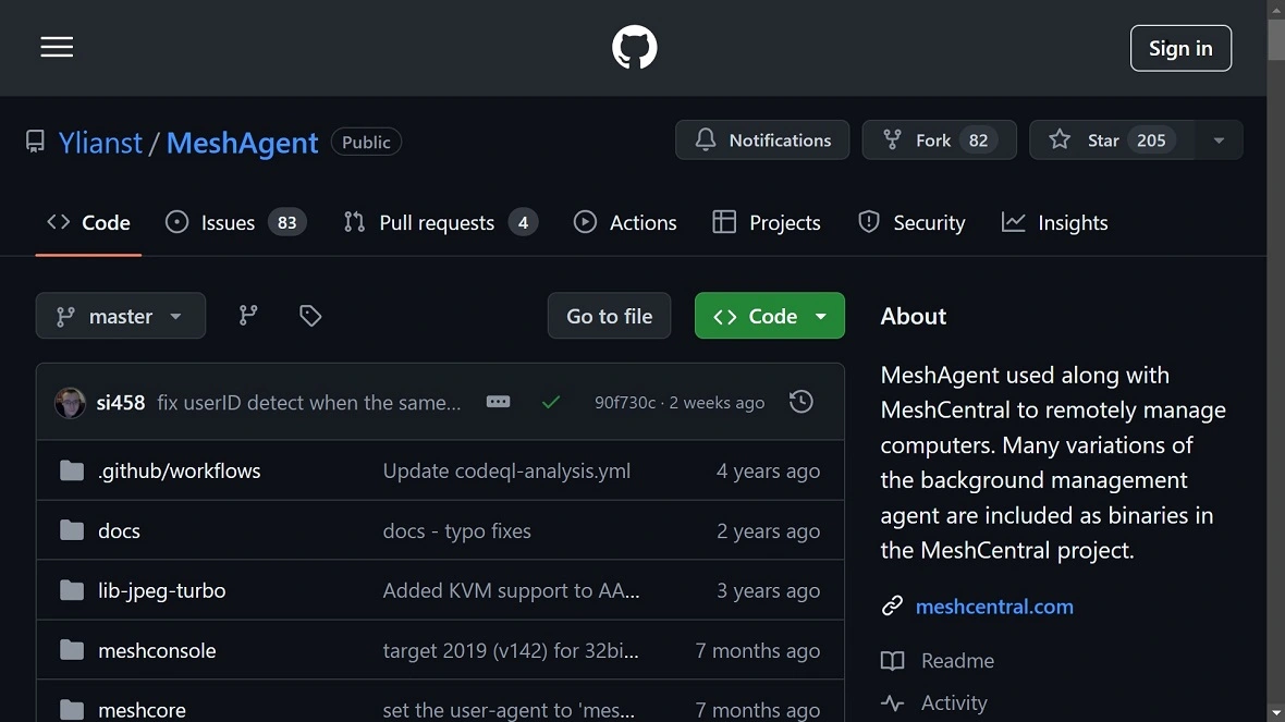 A screenshot of the MeshAgent remote device control page on GitHub.