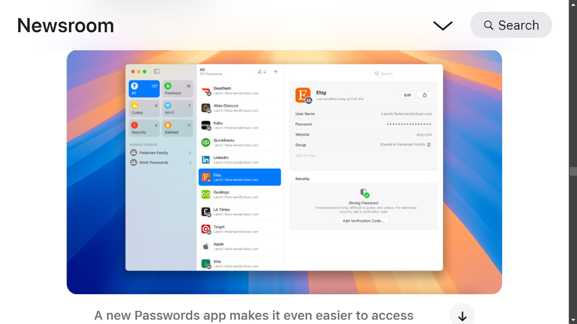 A screenshot of the new Apple macOS Sequoia Passwords app.