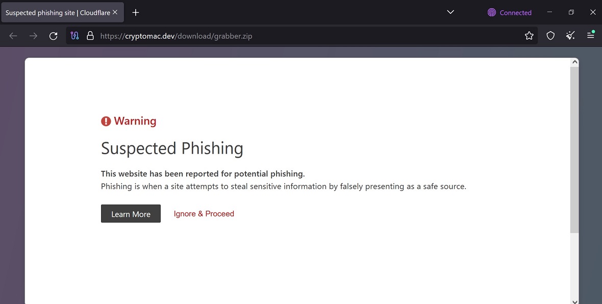 A screenshot of the only Suspected Phishing warning flagged for the links and files tied to this investigation.