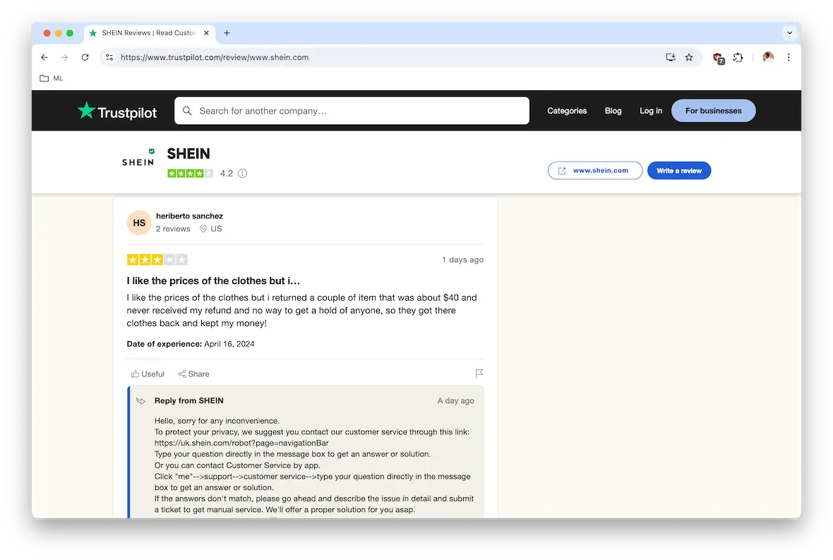 A screenshot of Shein reviews on Trustpilot.