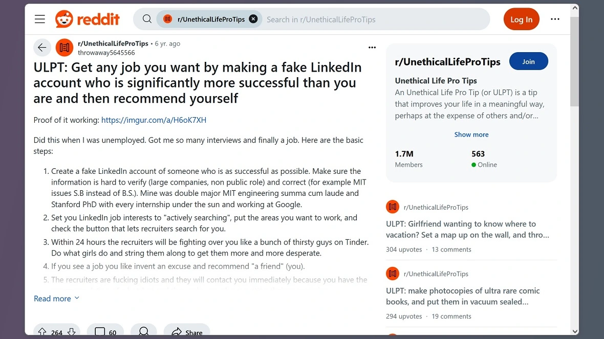 A screenshot of a Reddit post showing a step-by-step guide on how to create fake profiles on LinkedIn.