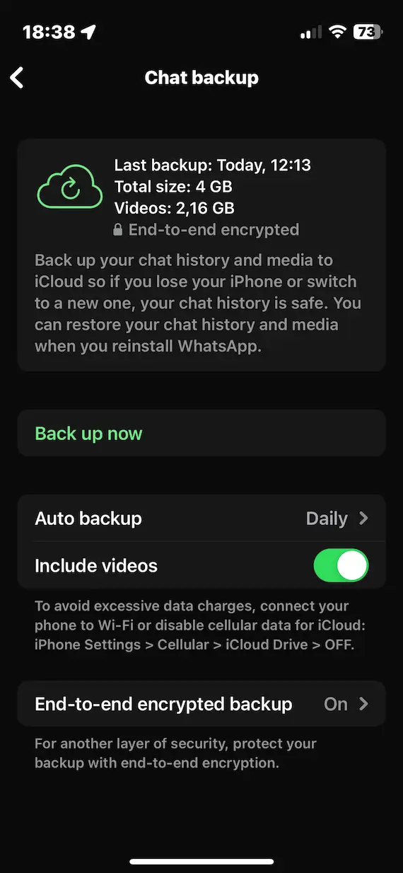 A screenshot showing the WhatsApp Chat backup option.