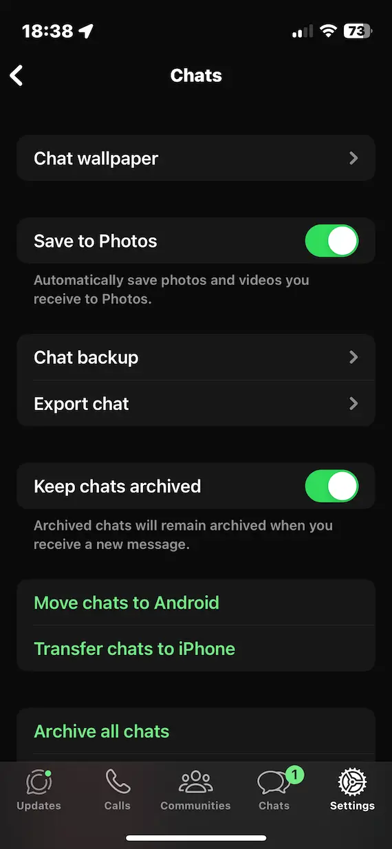 A screenshot of the WhatsApp Chats settings.